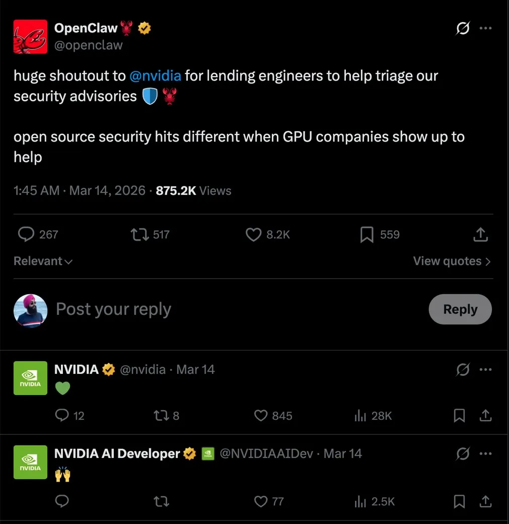OpenClaw thanking NVIDIA for lending engineers to help triage security advisories, with official NVIDIA reply